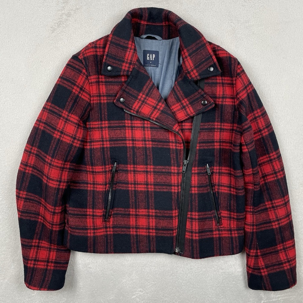 Gap Moto Jacket Womens Medium Red Plaid Wool Blend  Lined Winter Asymmetric Zip